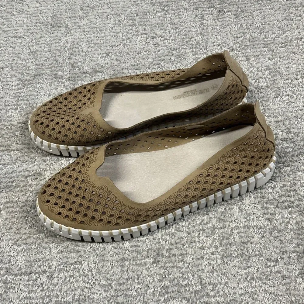 Ilse Jacobsen Shoes Womens 39 US 9 Latte Tulip Leather Perforated Flats Comfort